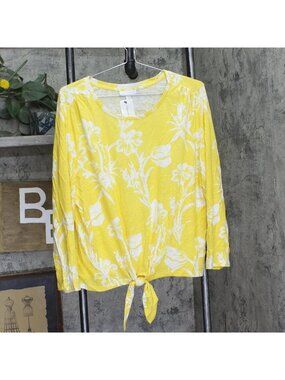 Charter Club Knit Long Sleeve Floral-Print Tie-Hem Shirt Top Primrose Yellow XL